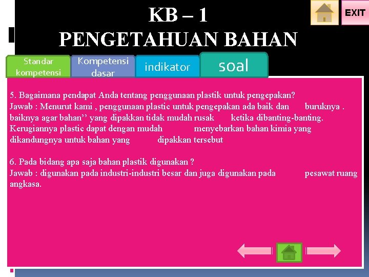 KB – 1 PENGETAHUAN BAHAN Standar kompetensi Kompetensi dasar indikator EXIT soal Tentukanpendapat jenis