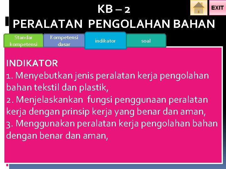 EXIT KB – 2 PERALATAN PENGOLAHAN BAHAN Standar kompetensi Kompetensi dasar indikator soal INDIKATOR