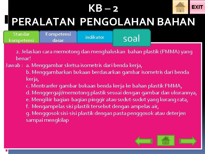 EXIT KB – 2 PERALATAN PENGOLAHAN BAHAN Standar kompetensi Kompetensi dasar indikator soal 2.