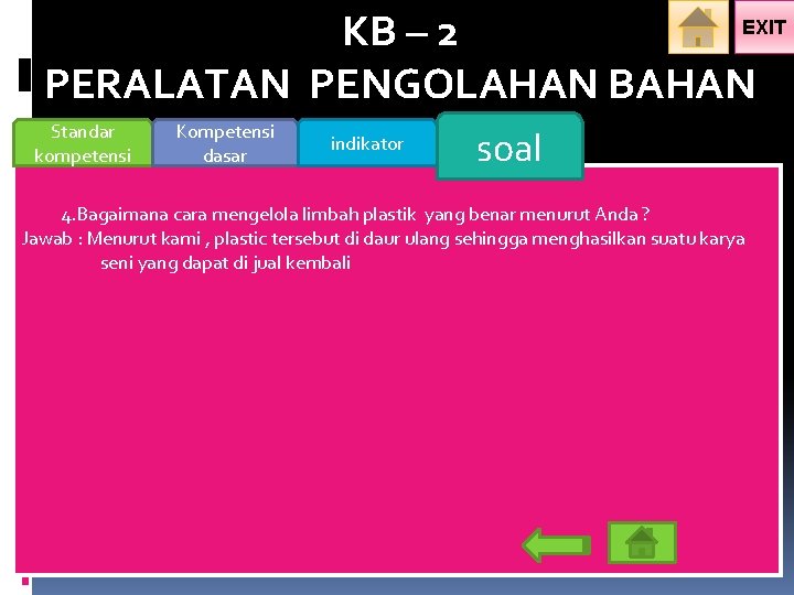 EXIT KB – 2 PERALATAN PENGOLAHAN BAHAN Standar kompetensi Kompetensi dasar indikator soal 4.