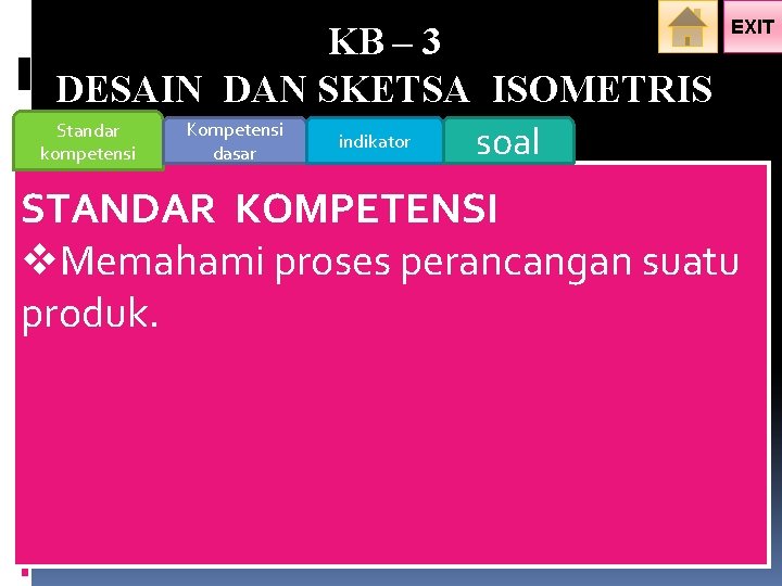 KB – 3 DESAIN DAN SKETSA ISOMETRIS Kompetensi Standar indikator soal dasar kompetensi EXIT