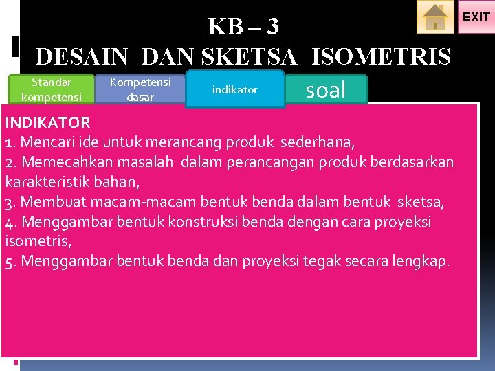 KB – 3 DESAIN DAN SKETSA ISOMETRIS Standar Kompetensi indikator soal kompetensi dasar INDIKATOR