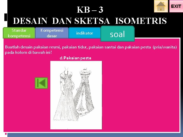 KB – 3 DESAIN DAN SKETSA ISOMETRIS Standar Kompetensi indikator soal kompetensi dasar EXIT