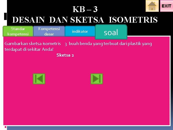 KB – 3 DESAIN DAN SKETSA ISOMETRIS Standar Kompetensi indikator soal kompetensi dasar EXIT