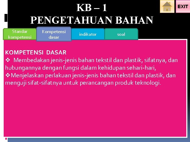 KB – 1 PENGETAHUAN BAHAN Standar kompetensi Kompetensi dasar indikator EXIT soal KOMPETENSI DASAR