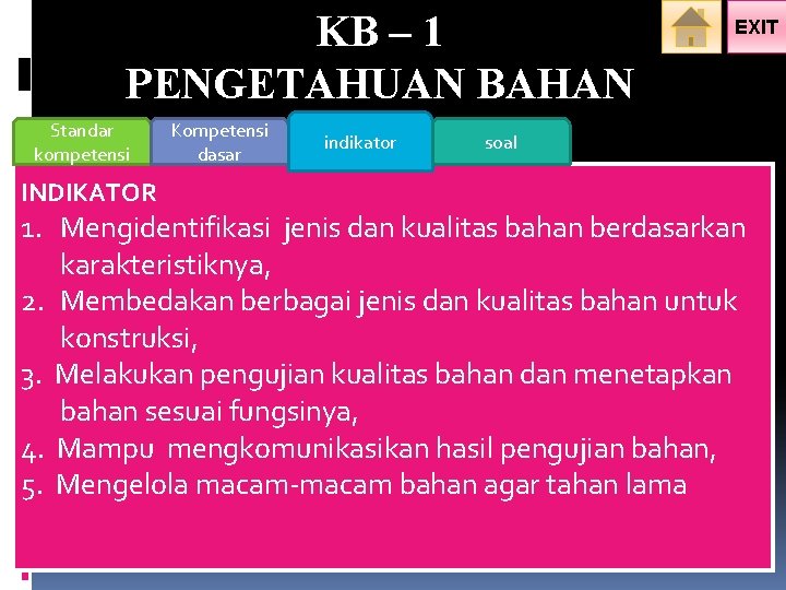 KB – 1 PENGETAHUAN BAHAN Standar kompetensi INDIKATOR Kompetensi dasar indikator EXIT soal 1.