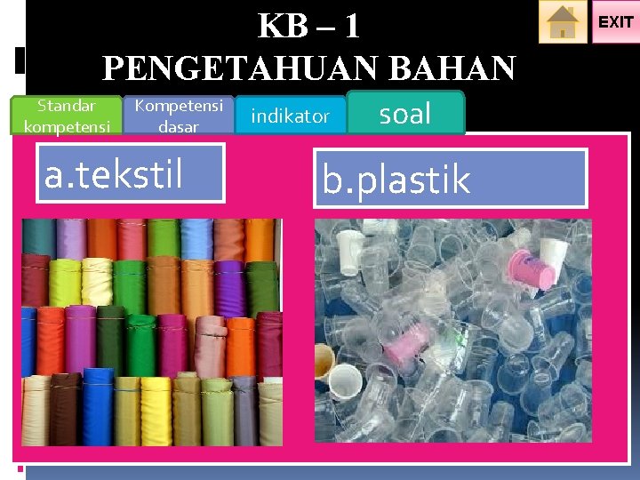 KB – 1 PENGETAHUAN BAHAN Standar kompetensi Kompetensi dasar a. tekstil indikator soal b.