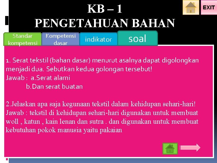 KB – 1 PENGETAHUAN BAHAN Standar kompetensi Kompetensi dasar indikator soal 1. Serat tekstil