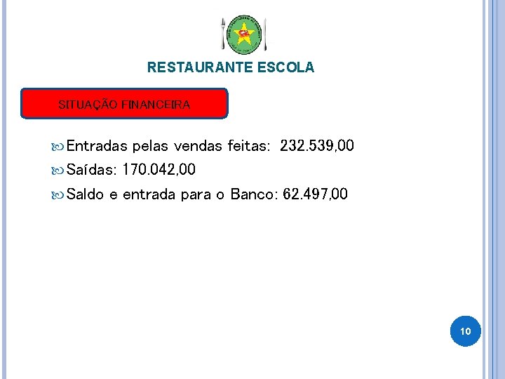 RESTAURANTE ESCOLA SITUAÇÃO FINANCEIRA Entradas pelas vendas feitas: 232. 539, 00 Saídas: 170. 042,