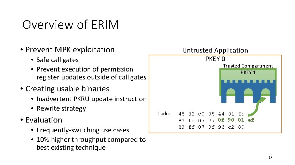 Overview of ERIM • Prevent MPK exploitation Untrusted Application PKEY 0 • Safe call