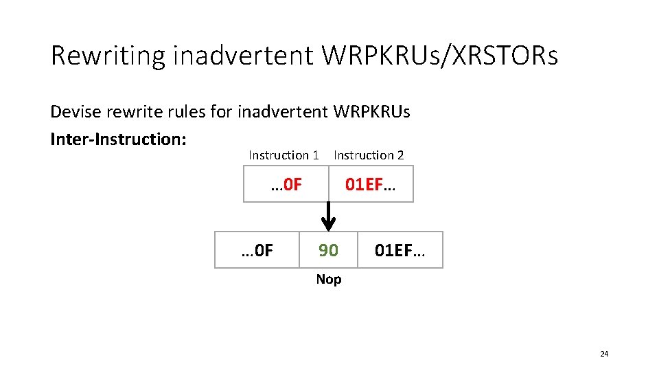 Rewriting inadvertent WRPKRUs/XRSTORs Devise rewrite rules for inadvertent WRPKRUs Inter-Instruction: Instruction 1 Instruction 2