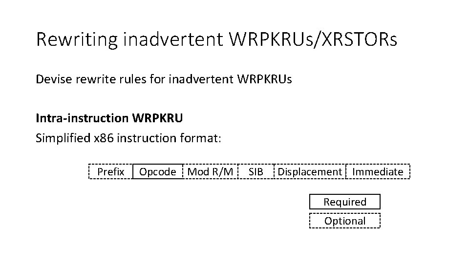 Rewriting inadvertent WRPKRUs/XRSTORs Devise rewrite rules for inadvertent WRPKRUs Intra-instruction WRPKRU Simplified x 86