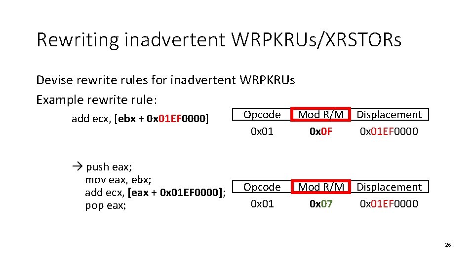 Rewriting inadvertent WRPKRUs/XRSTORs Devise rewrite rules for inadvertent WRPKRUs Example rewrite rule: add ecx,