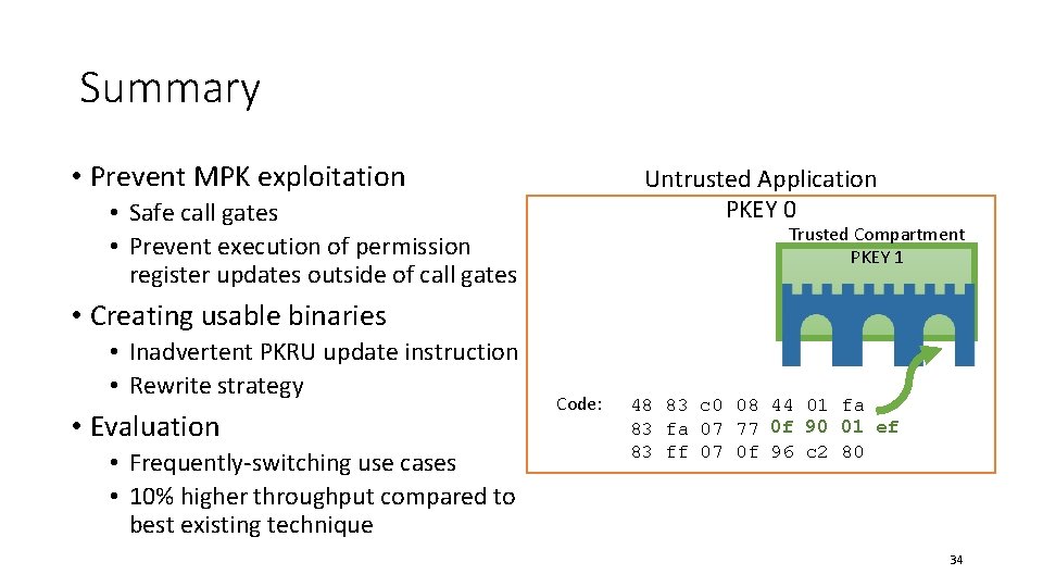 Summary • Prevent MPK exploitation Untrusted Application PKEY 0 • Safe call gates •