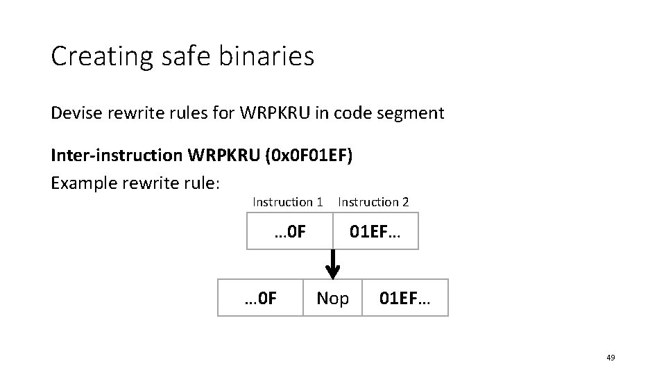 Creating safe binaries Devise rewrite rules for WRPKRU in code segment Inter-instruction WRPKRU (0