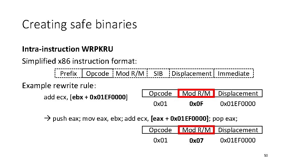 Creating safe binaries Intra-instruction WRPKRU Simplified x 86 instruction format: Prefix Opcode Mod R/M