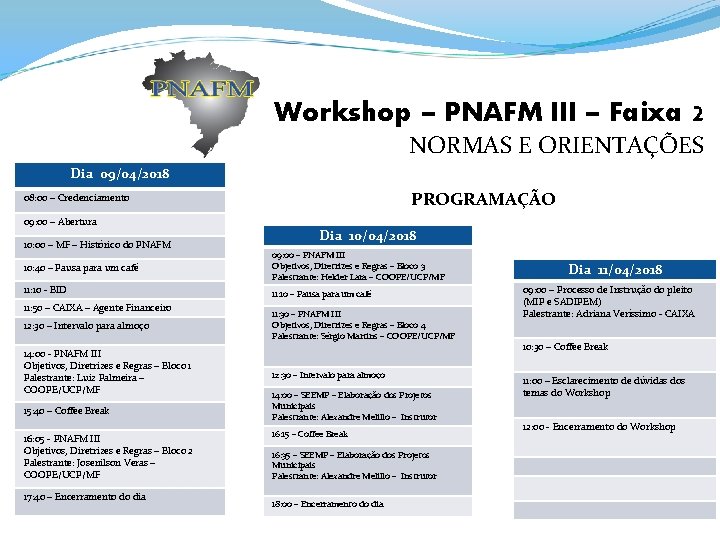 Workshop – PNAFM III – Faixa 2 NORMAS E ORIENTAÇÕES Dia 09/04/2018 PROGRAMAÇÃO 08: