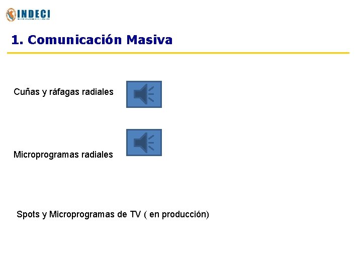 1. Comunicación Masiva Cuñas y ráfagas radiales Microprogramas radiales Spots y Microprogramas de TV