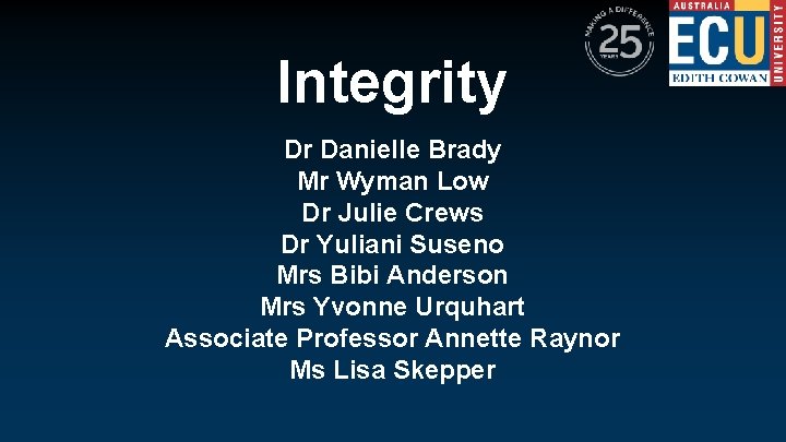 Integrity Dr Danielle Brady Mr Wyman Low Dr Julie Crews Dr Yuliani Suseno Mrs