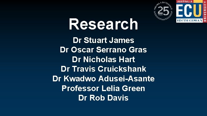 Research Dr Stuart James Dr Oscar Serrano Gras Dr Nicholas Hart Dr Travis Cruickshank
