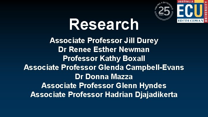 Research Associate Professor Jill Durey Dr Renee Esther Newman Professor Kathy Boxall Associate Professor