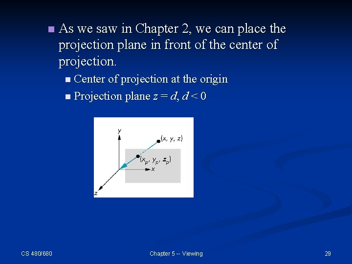 n As we saw in Chapter 2, we can place the projection plane in n As we saw in Chapter 2, we can place the projection plane in
