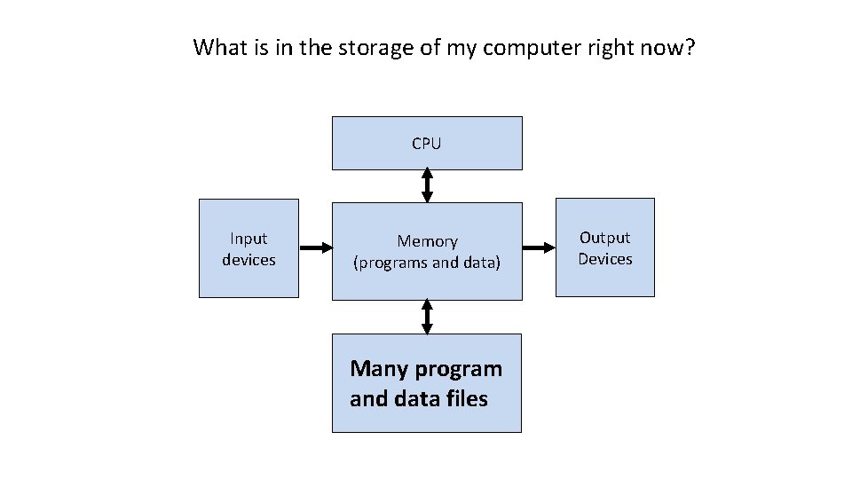 What is in the storage of my computer right now? CPU Input devices Memory
