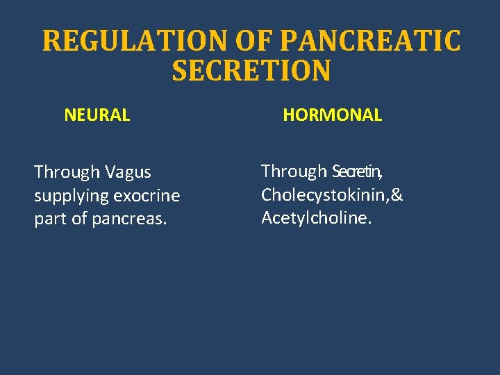 REGULATION OF PANCREATIC SECRETION NEURAL Through Vagus supplying exocrine part of pancreas. HORMONAL Through