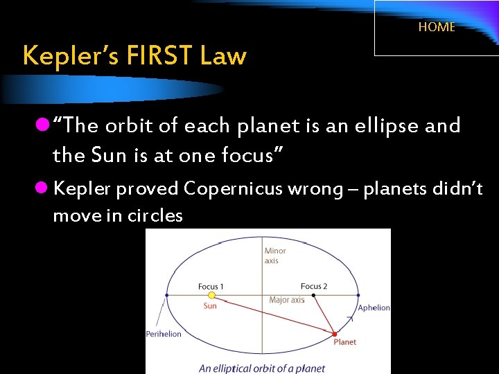 HOME Kepler’s FIRST Law l “The orbit of each planet is an ellipse and