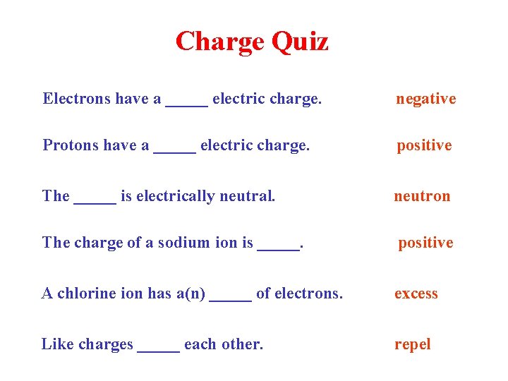 Charge Quiz Electrons have a _____ electric charge. negative Protons have a _____ electric