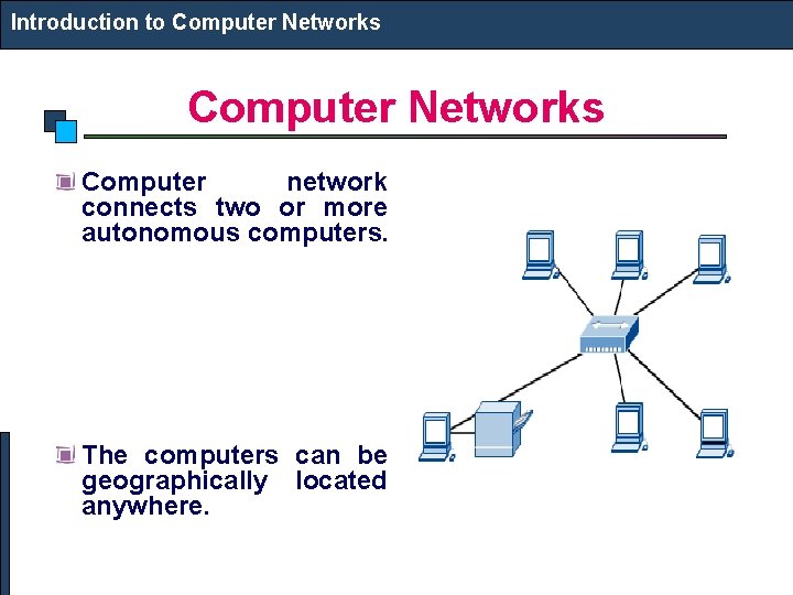 Introduction to Computer Networks Computer network connects two or more autonomous computers. The computers