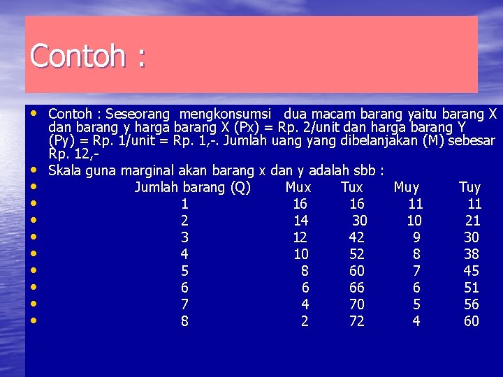 Contoh : • Contoh : Seseorang mengkonsumsi dua macam barang yaitu barang X •