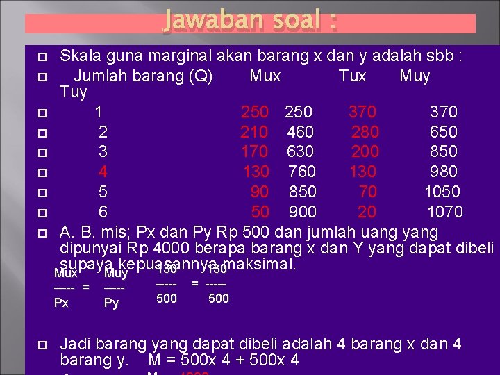 Jawaban soal : Skala guna marginal akan barang x dan y adalah sbb :