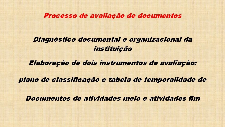 Processo de avaliação de documentos Diagnóstico documental e organizacional da instituição Elaboração de dois