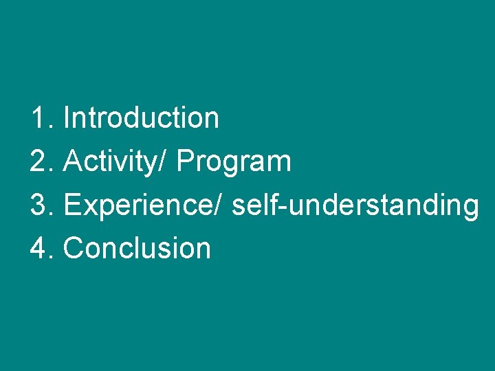 1. Introduction 2. Activity/ Program 3. Experience/ self-understanding 4. Conclusion 
