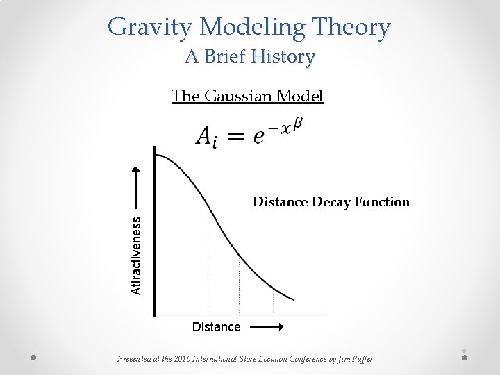 Gravity Modeling Theory A Brief History The Gaussian Model Attractiveness Distance Decay Function Distance Gravity Modeling Theory A Brief History The Gaussian Model Attractiveness Distance Decay Function Distance