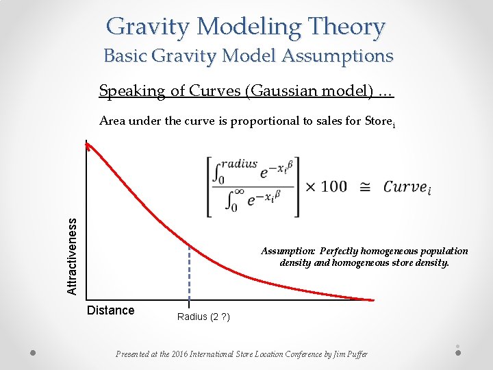Gravity Modeling Theory Basic Gravity Model Assumptions Speaking of Curves (Gaussian model) … Attractiveness Gravity Modeling Theory Basic Gravity Model Assumptions Speaking of Curves (Gaussian model) … Attractiveness
