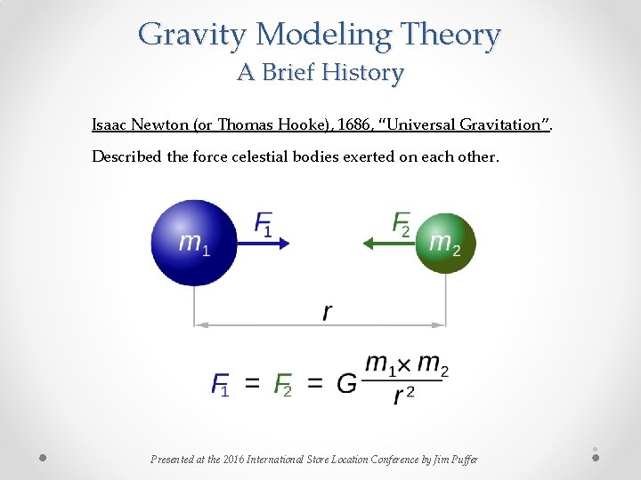 Gravity Modeling Theory A Brief History Isaac Newton (or Thomas Hooke), 1686, “Universal Gravitation”. Gravity Modeling Theory A Brief History Isaac Newton (or Thomas Hooke), 1686, “Universal Gravitation”.