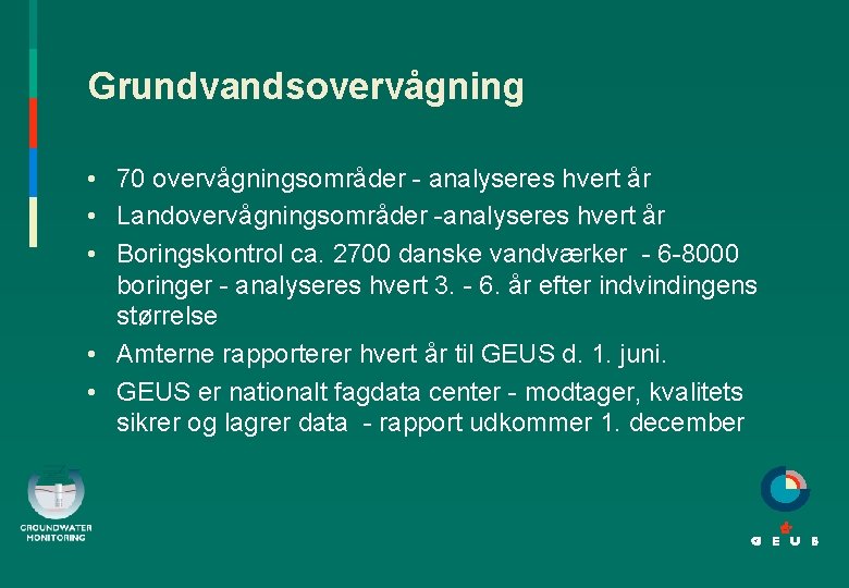 Grundvandsovervågning • 70 overvågningsområder - analyseres hvert år • Landovervågningsområder -analyseres hvert år •