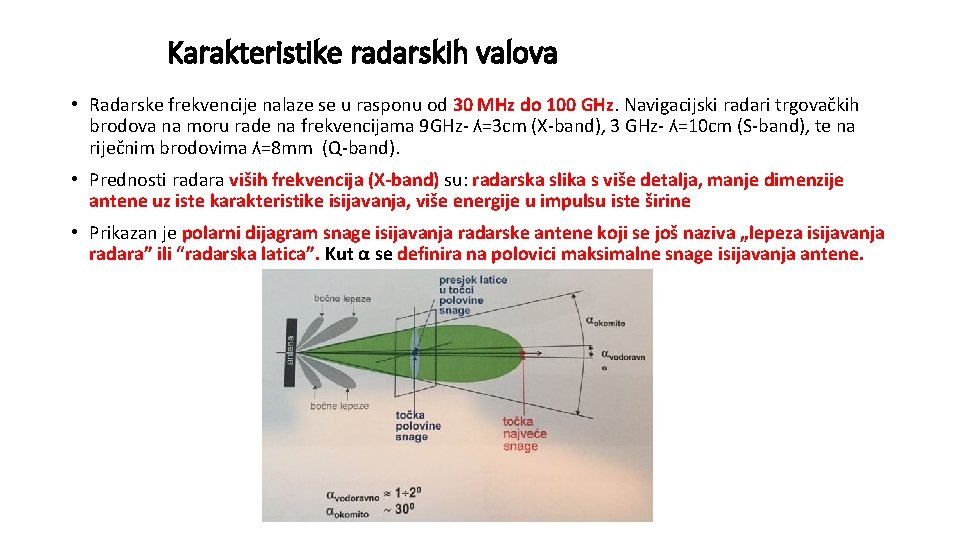 Karakteristike radarskih valova • Radarske frekvencije nalaze se u rasponu od 30 MHz do