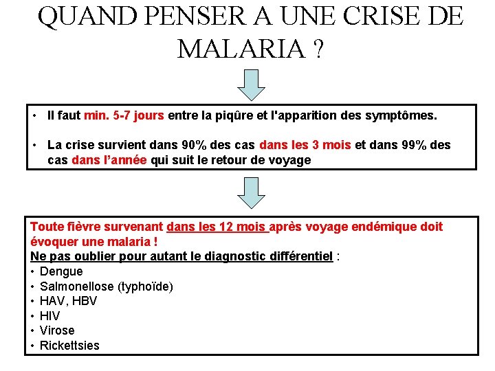 QUAND PENSER A UNE CRISE DE MALARIA ? • Il faut min. 5 -7