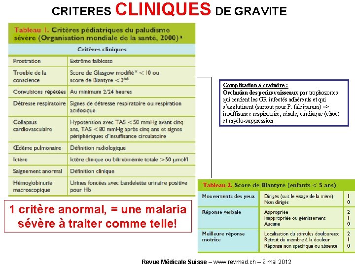 CRITERES CLINIQUES DE GRAVITE Complication à craindre : Occlusion des petits vaisseaux par trophozoïtes