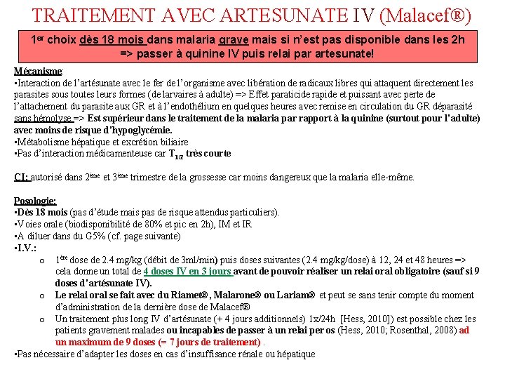 TRAITEMENT AVEC ARTESUNATE IV (Malacef®) 1 er choix dès 18 mois dans malaria grave