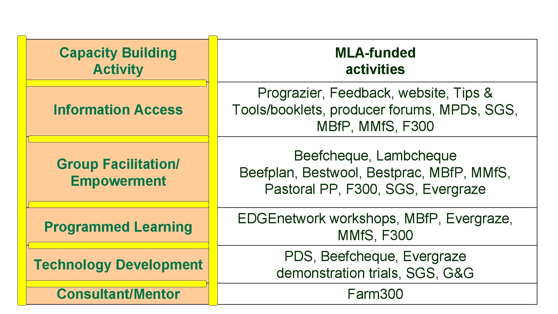 Capacity Building Activity MLA-funded activities Information Access Prograzier, Feedback, website, Tips & Tools/booklets, producer Capacity Building Activity MLA-funded activities Information Access Prograzier, Feedback, website, Tips & Tools/booklets, producer