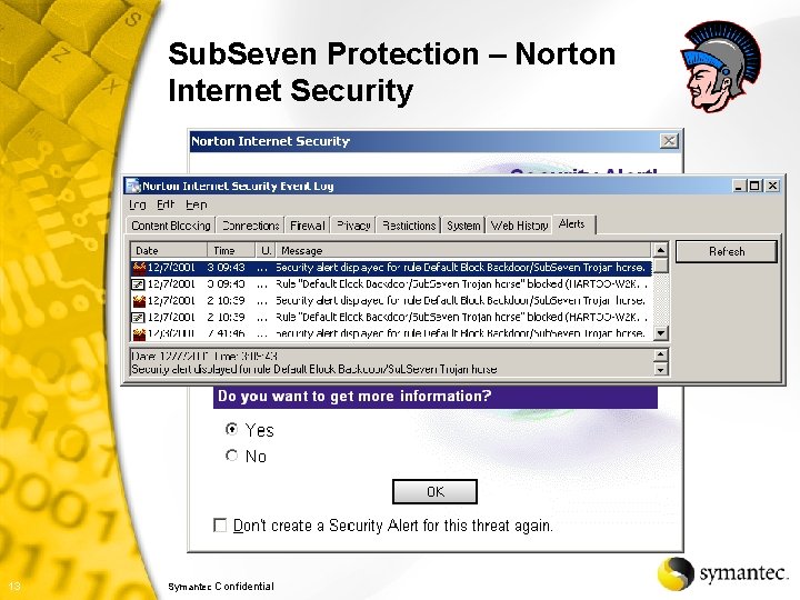 Sub. Seven Protection – Norton Internet Security 13 Symantec Confidential 