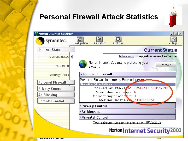 Personal Firewall Attack Statistics 6 Symantec Confidential 