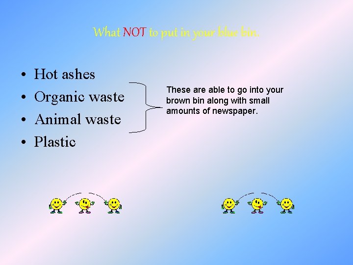 What NOT to put in your blue bin. • • Hot ashes Organic waste