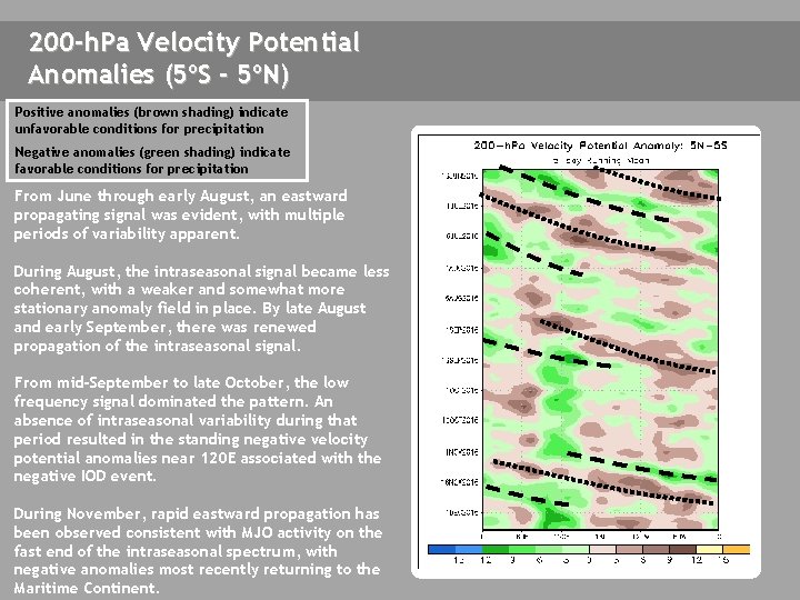 200 -h. Pa Velocity Potential Anomalies (5ºS - 5ºN) Positive anomalies (brown shading) indicate