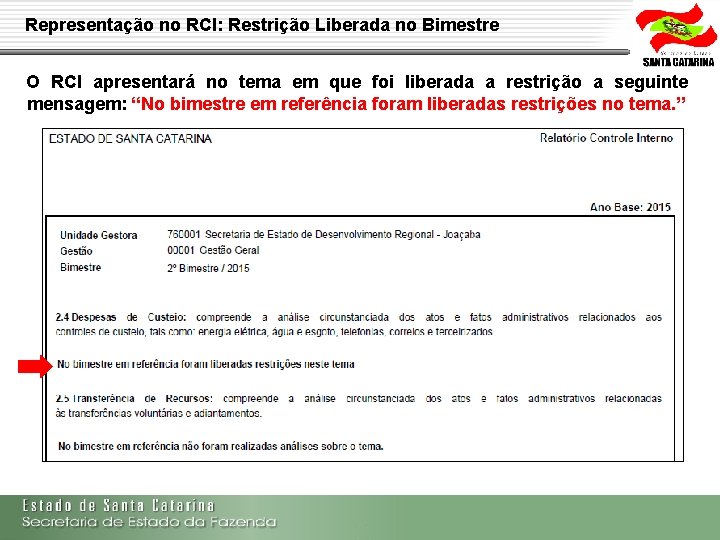 Representação no RCI: Restrição Liberada no Bimestre O RCI apresentará no tema em que