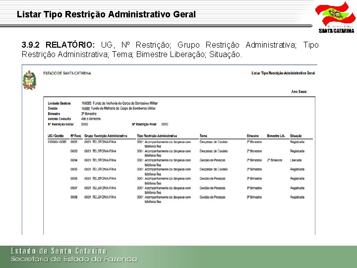 Listar Tipo Restrição Administrativo Geral 3. 9. 2 RELATÓRIO: UG, Nº Restrição; Grupo Restrição